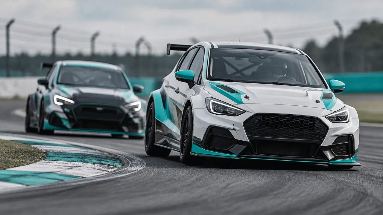 Carros compactos de corrida disputam uma curva em circuito fechado