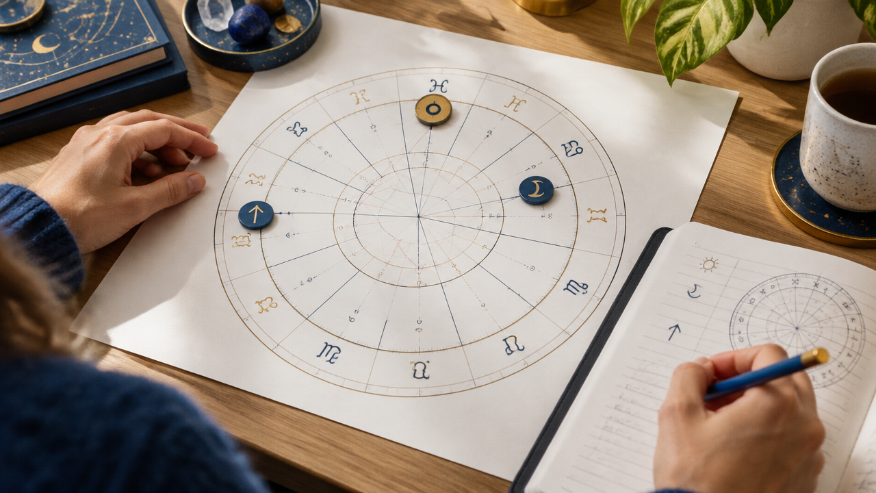 Carta astral circular com pontos destacados para o Sol, a Lua e o Ascendente ao lado de um caderno de estudo