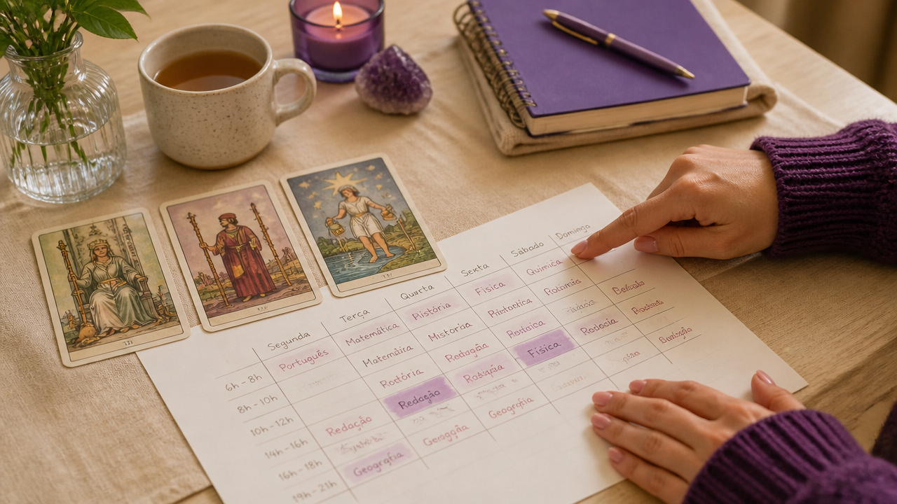 Cartas abertas ao lado de um cronograma semanal para definir a ordem dos estudos