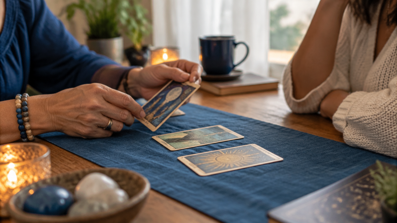 Cartas abertas em uma mesa durante uma leitura acompanhada por conversa e reflexão