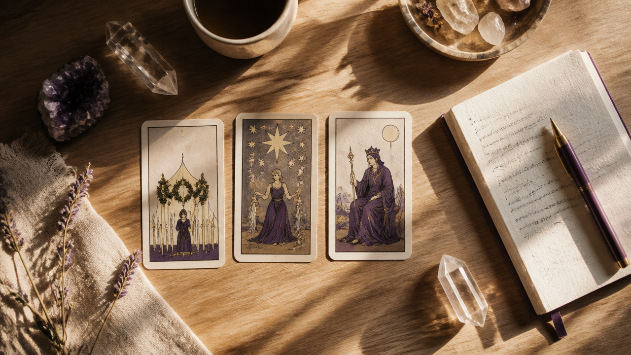 Cartas de tarot alinhadas ao lado de um caderno em uma prática breve de afirmações matinais