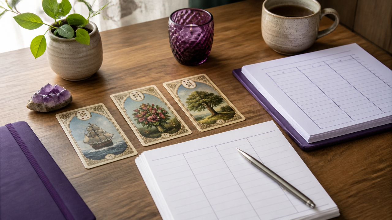 Cartas do baralho cigano ao lado de folhas com metas, prazos e prioridades profissionais