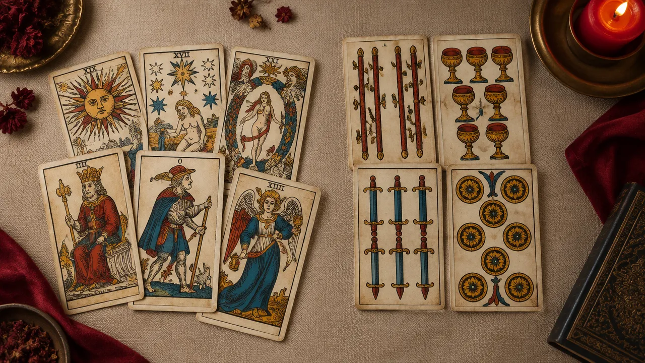 Cartas do Tarot de Marselha organizadas para mostrar trunfos e naipes numerados