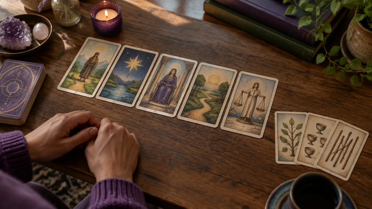 Cartas ilustradas organizadas em uma tiragem para demonstrar a leitura simbólica do tarot