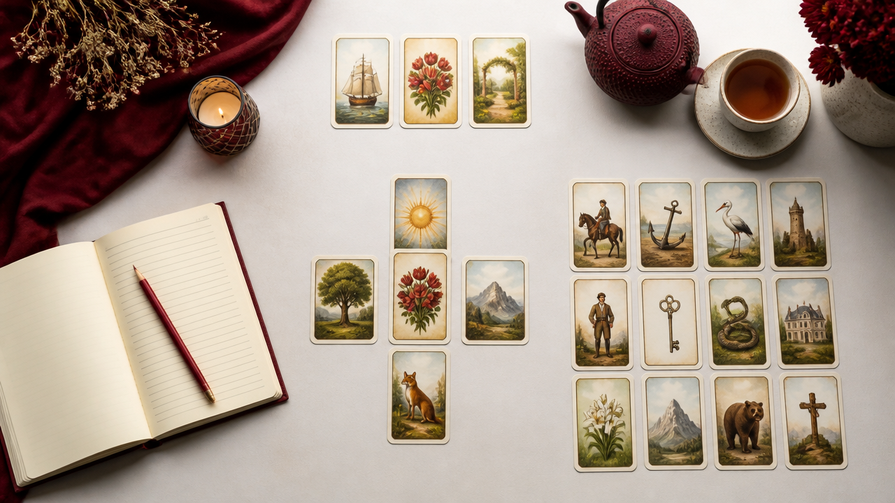 Cartas organizadas em diferentes tiragens do baralho cigano sobre uma mesa de estudo.