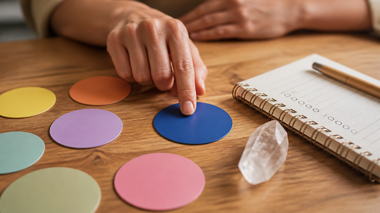 Cartões coloridos sobre a mesa com uma cor destacada no momento da interpretação intuitiva