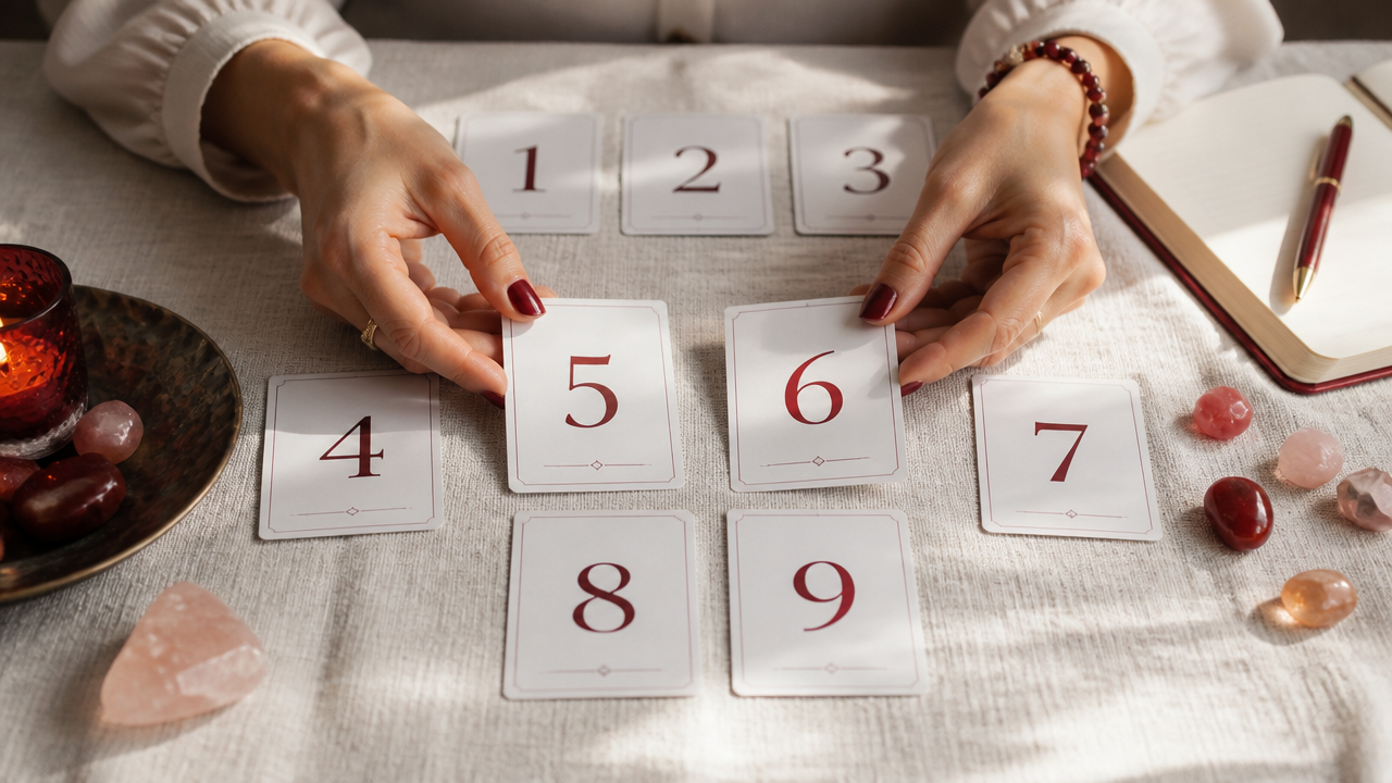 Cartões com números de 1 a 9 sobre uma mesa clara, ilustrando os significados simbólicos na numerologia