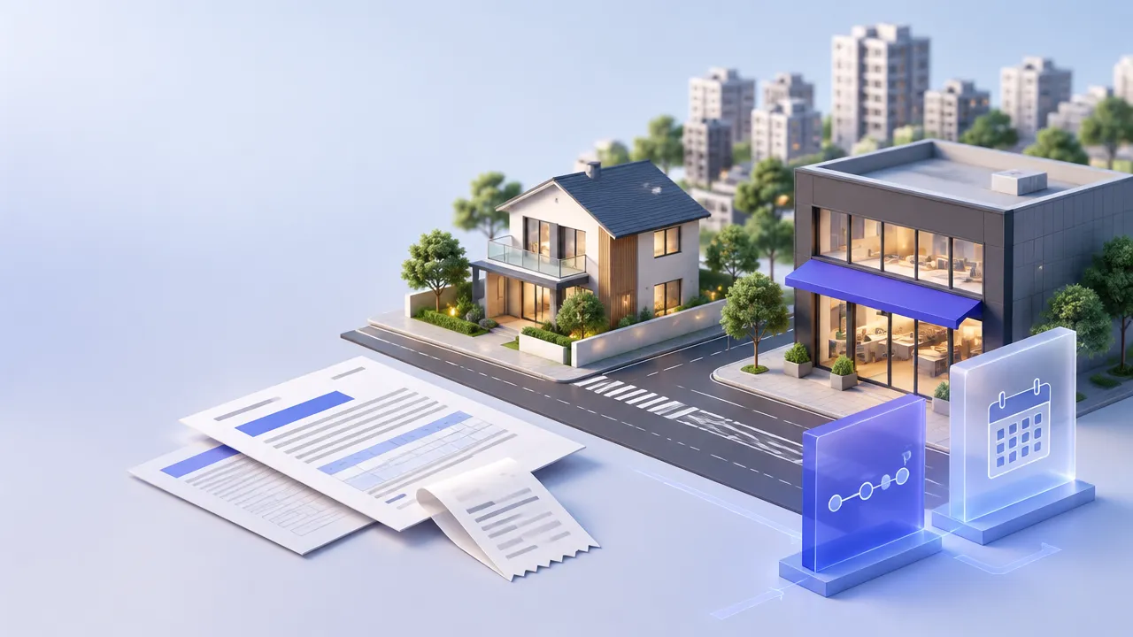 Casa e imóvel comercial em miniatura ao lado de documentos e etapas que representam a transição tributária de 2026
