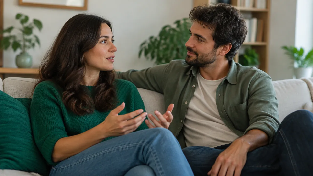 Casal adulto conversa com abertura e escuta atenta, ilustrando como padrões de apego influenciam a comunicação.