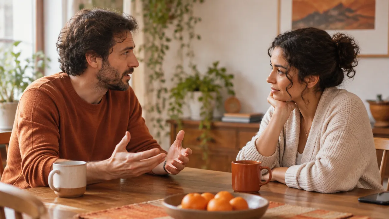Casal adulto conversa com calma e escuta mútua para interromper um ciclo de afastamento e tensão.