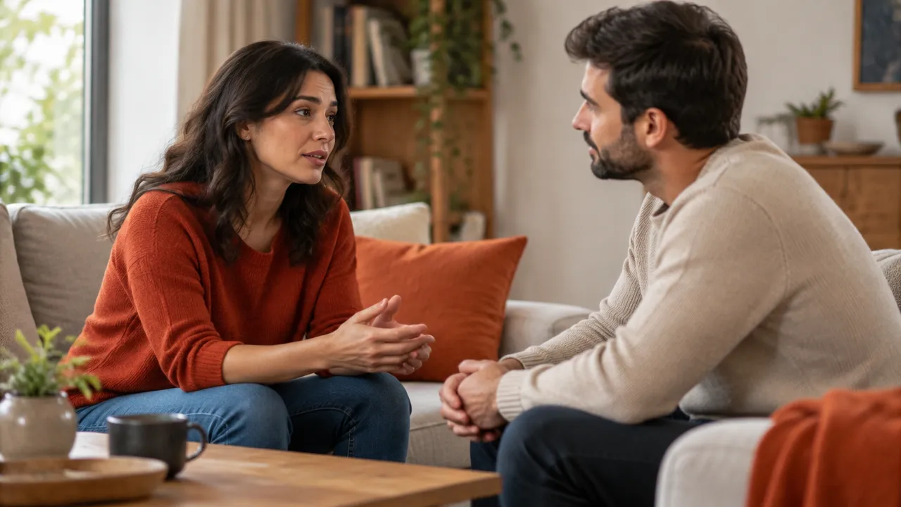 Casal adulto conversa com escuta atenta e abertura emocional, mostrando como a segurança se constrói na relação.