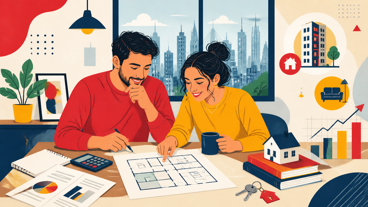 Casal analisando documentos e opções de apartamento para compra em São Paulo.