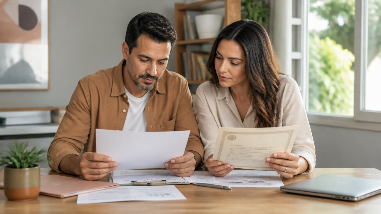 Casal analisando documentos financeiros e de casamento em uma mesa
