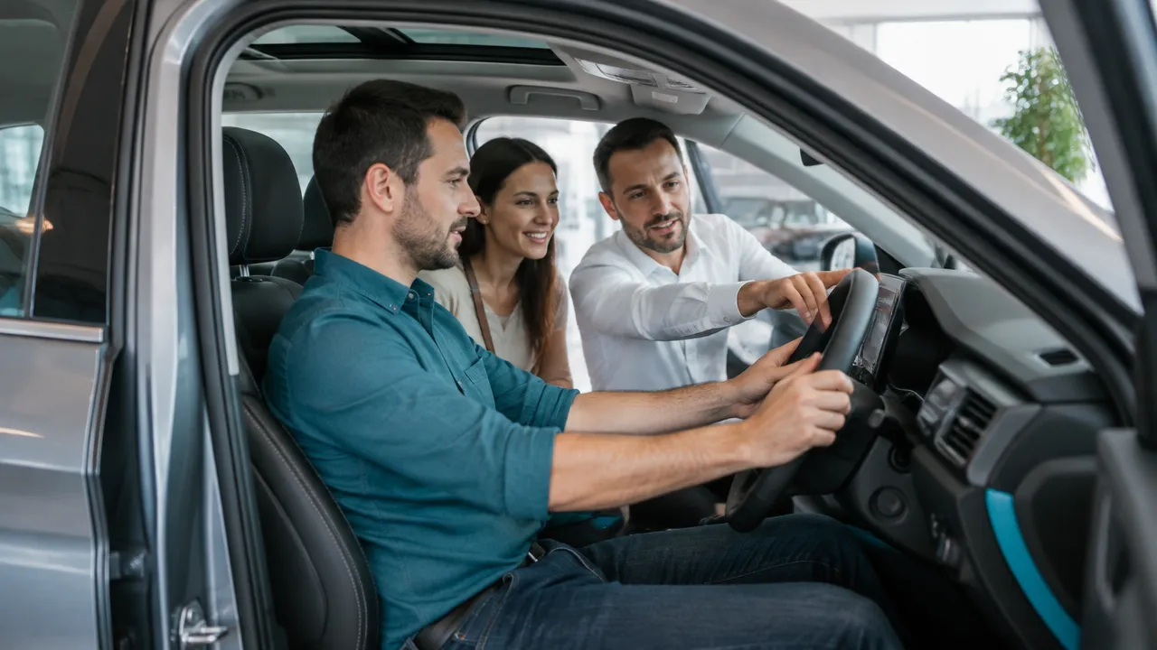 Casal avaliando a posição de dirigir e o interior de um SUV durante um test drive