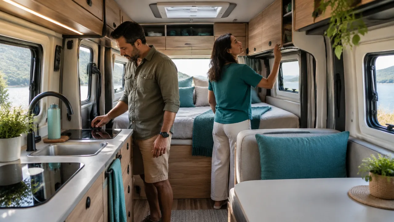Casal avaliando espaço, armazenamento e áreas internas de um motorhome antes de escolher o veículo