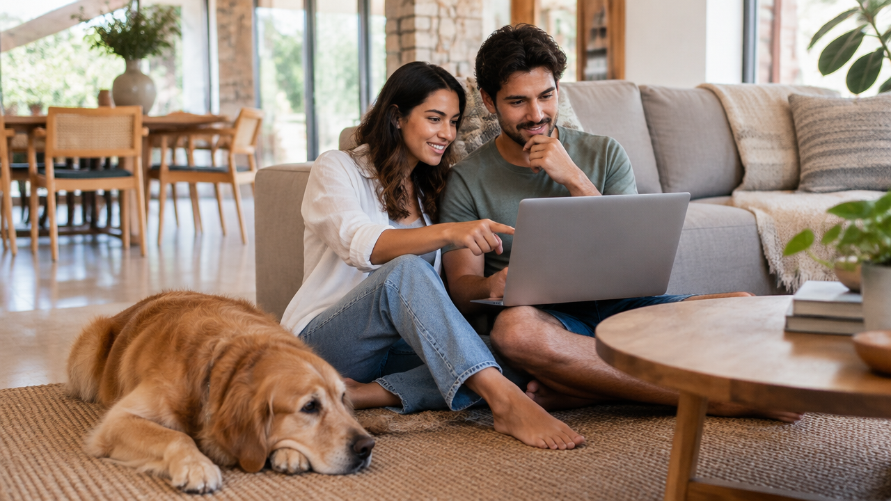 Casal confere a política para pets de uma casa de temporada enquanto o cachorro descansa