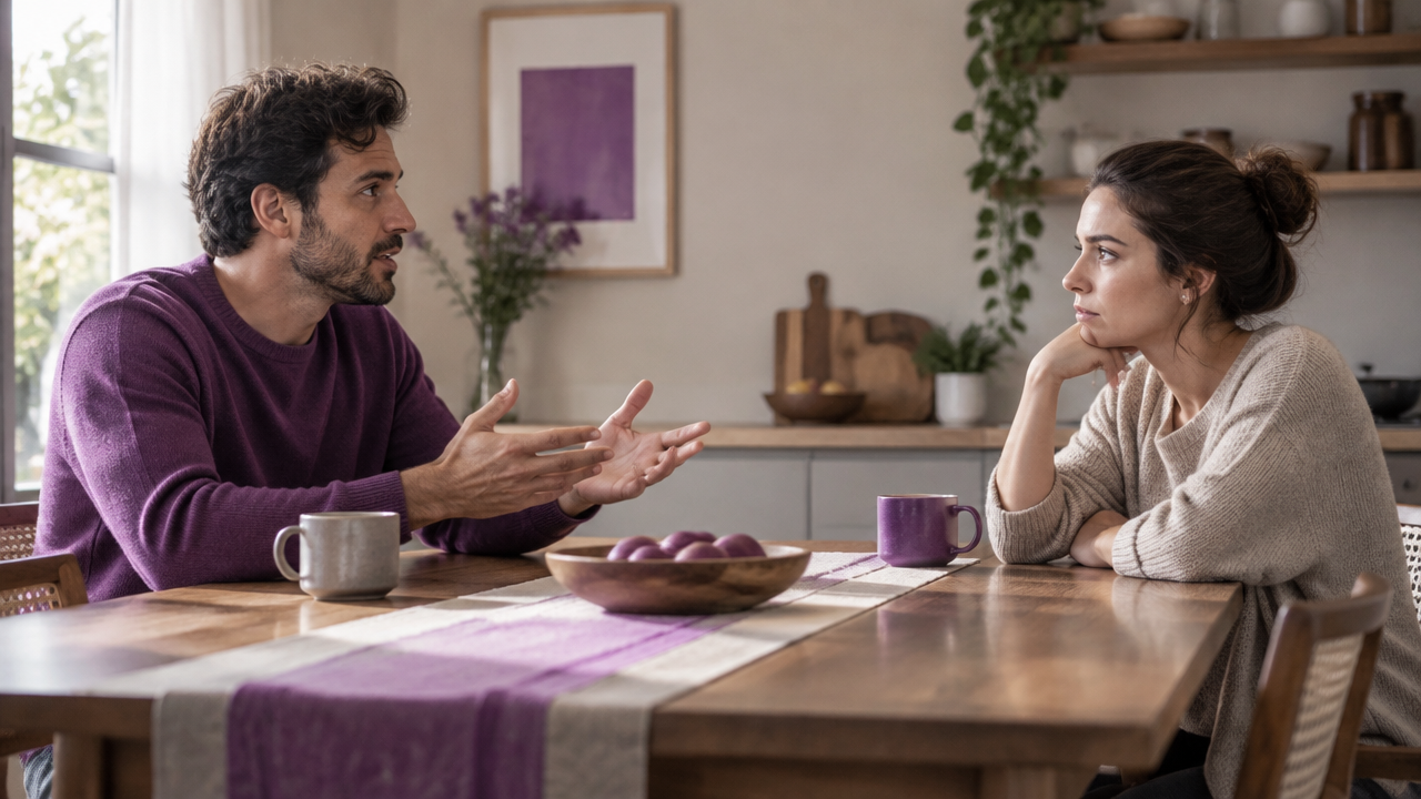 Casal conversa à mesa, com uma pessoa demonstrando mais controle e a outra refletindo em silêncio