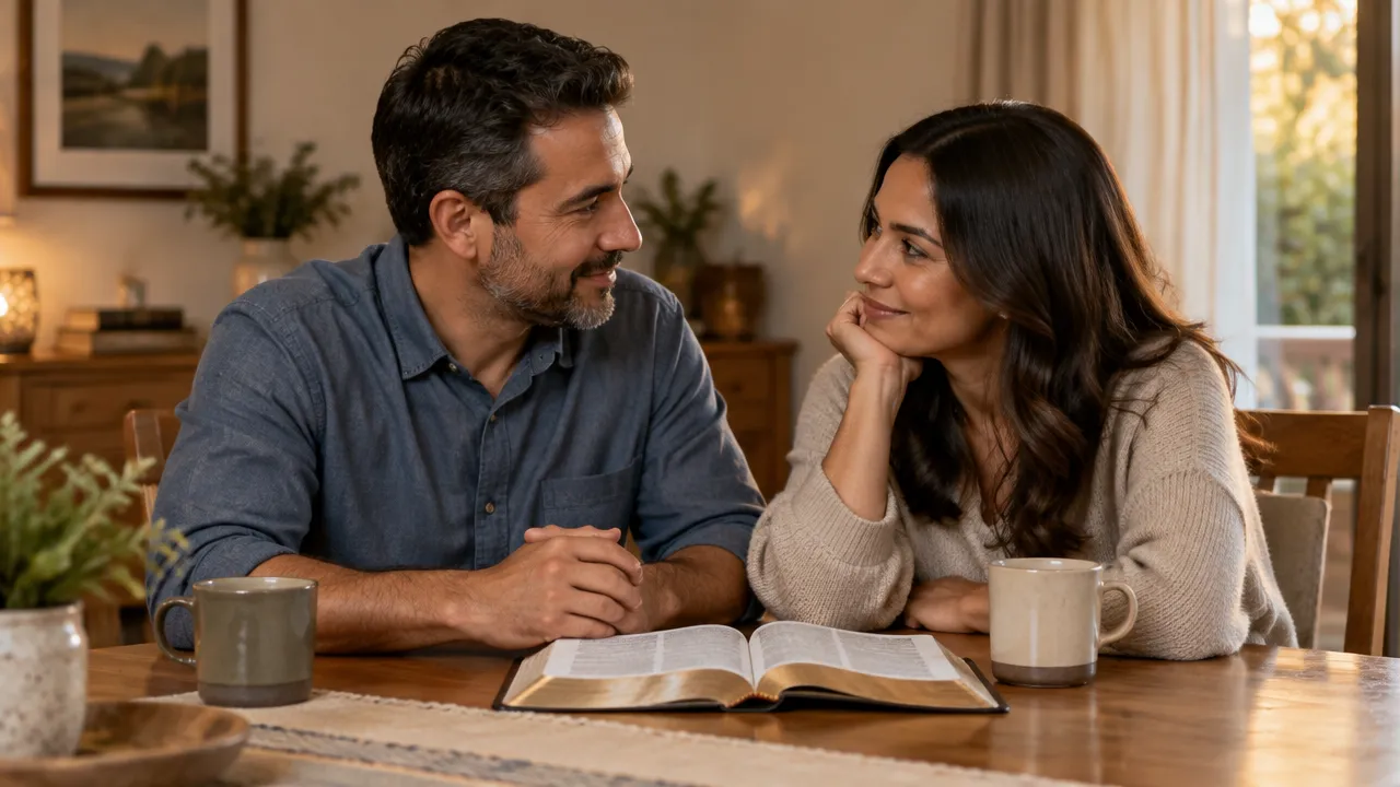 Casal conversa com atenção à mesa, com uma Bíblia aberta ao lado, após um momento de devoção