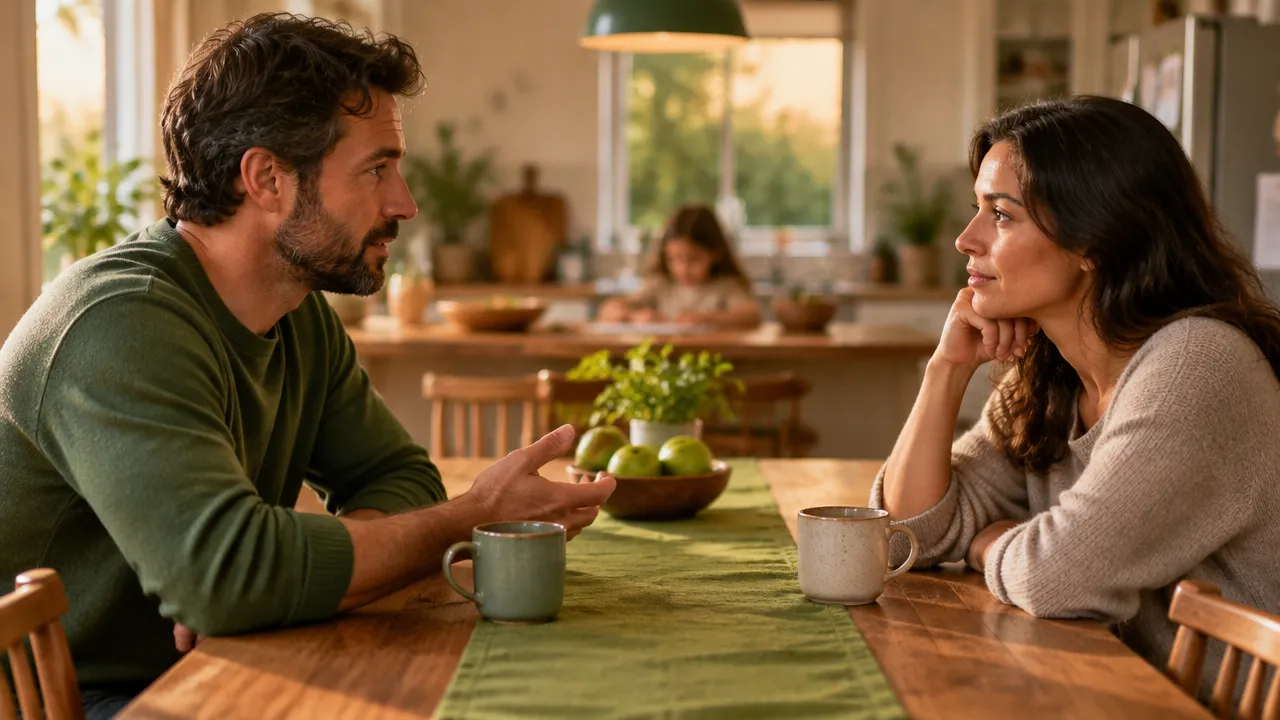 Casal conversa com atenção à mesa, ilustrando como comunicação e respostas recíprocas formam padrões relacionais