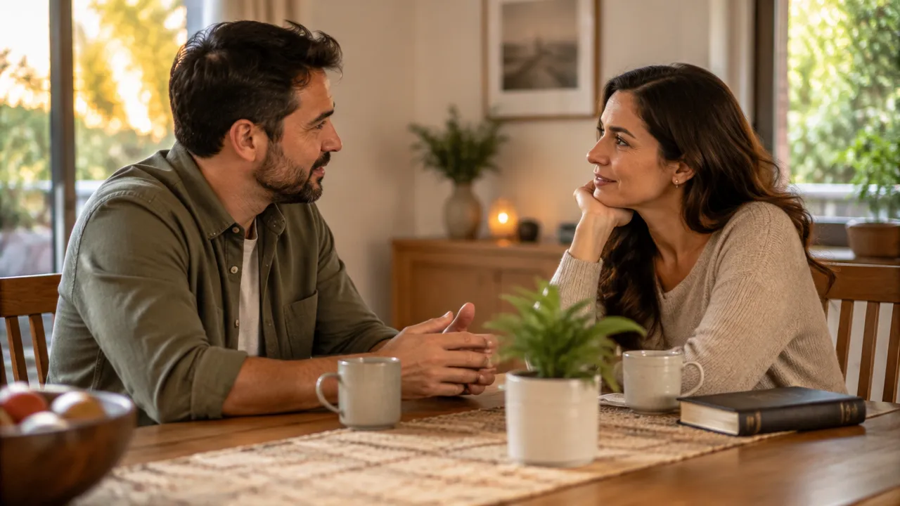 Casal conversa com atenção e respeito em casa, praticando uma comunicação pacífica