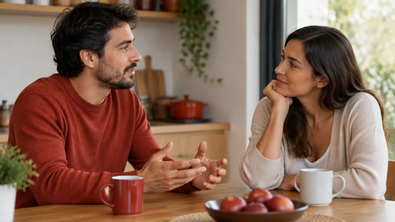 Casal conversa com calma e escuta mútua, ilustrando como reconhecer e reorganizar padrões relacionais.
