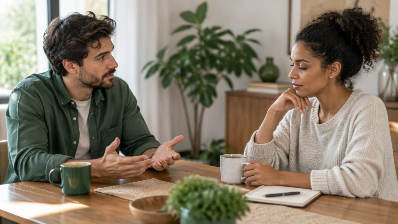 Casal conversa com calma sobre uma tensão, mostrando escuta, espaço e autorregulação emocional.