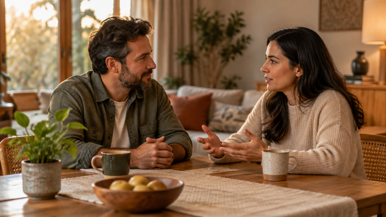 Casal conversa com respeito e atenção em um ambiente doméstico tranquilo