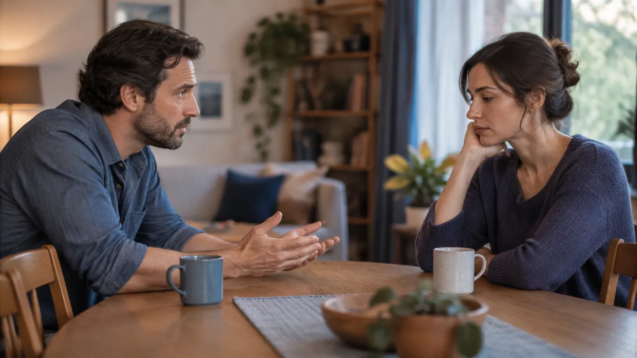 Casal conversa com respeito, mostrando diferentes necessidades de proximidade e espaço em um relacionamento.
