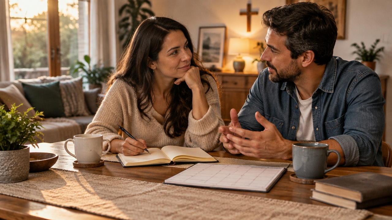 Casal conversando com calma sobre agenda e responsabilidades em casa, avaliando como equilibrar trabalho e casamento.