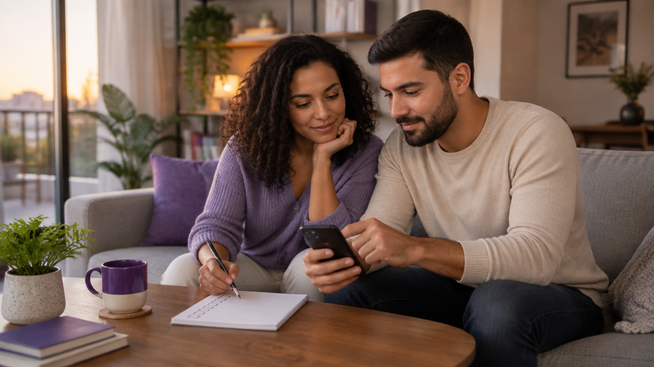 Casal conversando sobre metas financeiras durante uma revisão do orçamento