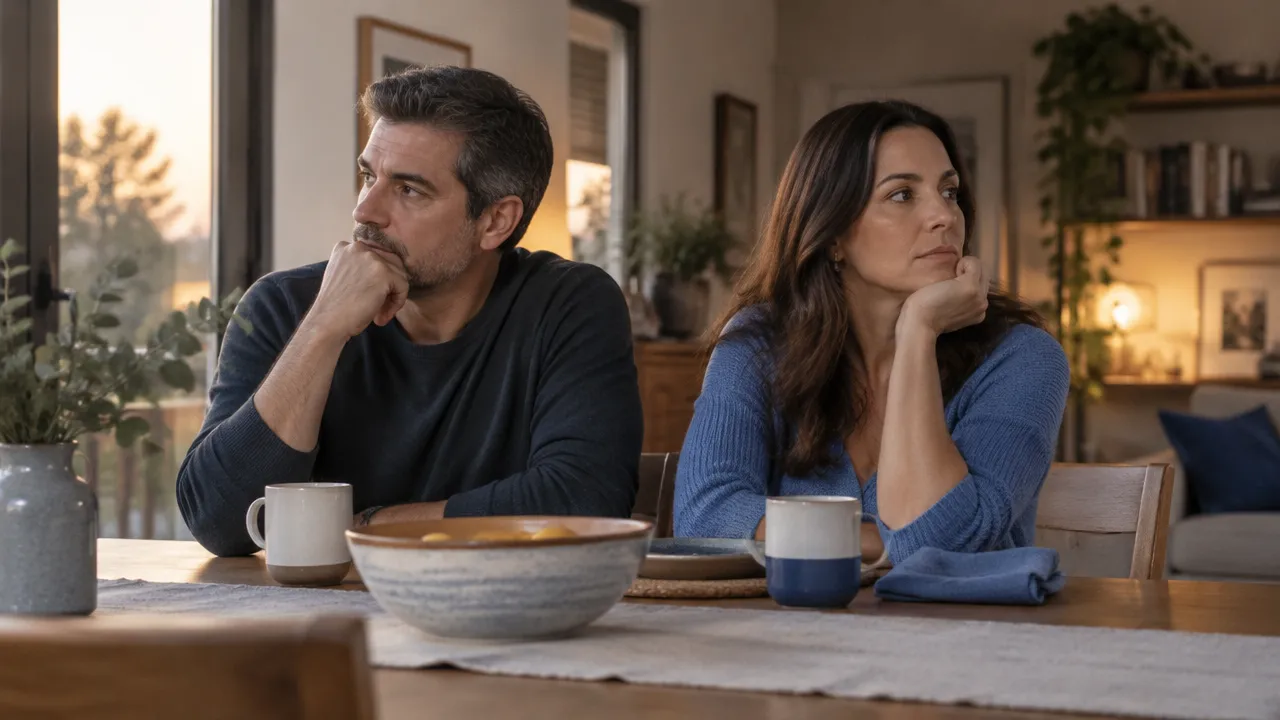 Casal de longa data sentado à mesa, em silêncio e refletindo sobre a direção da relação