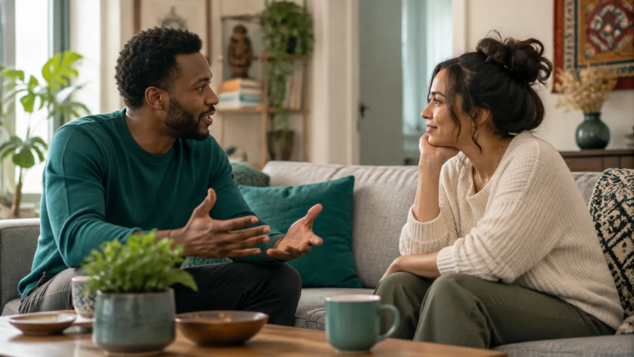 Casal de origens culturais diferentes conversa com calma e escuta ativa em casa