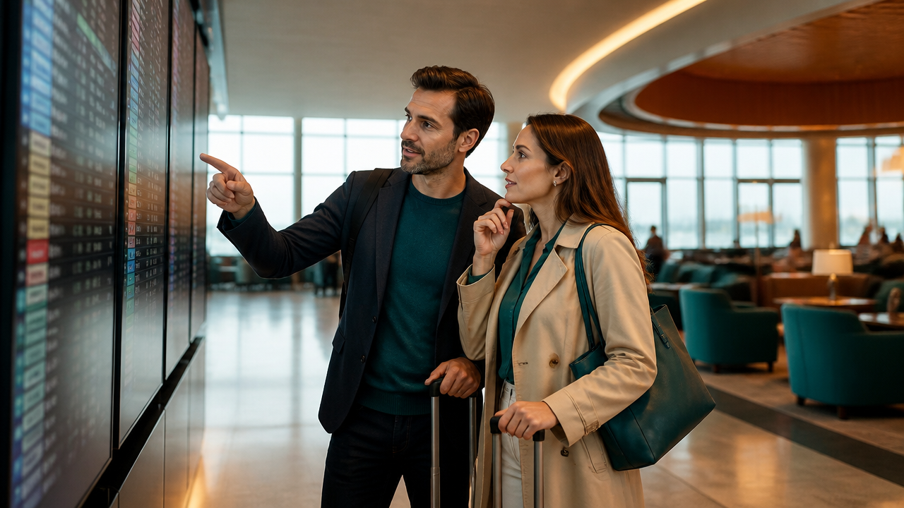 Casal de viajantes em aeroporto analisando benefícios e opções de embarque