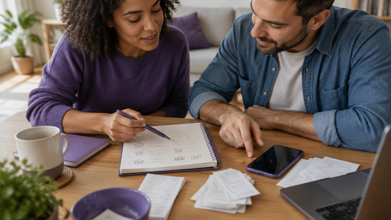 Casal definindo categorias de gastos e combinados financeiros em casa