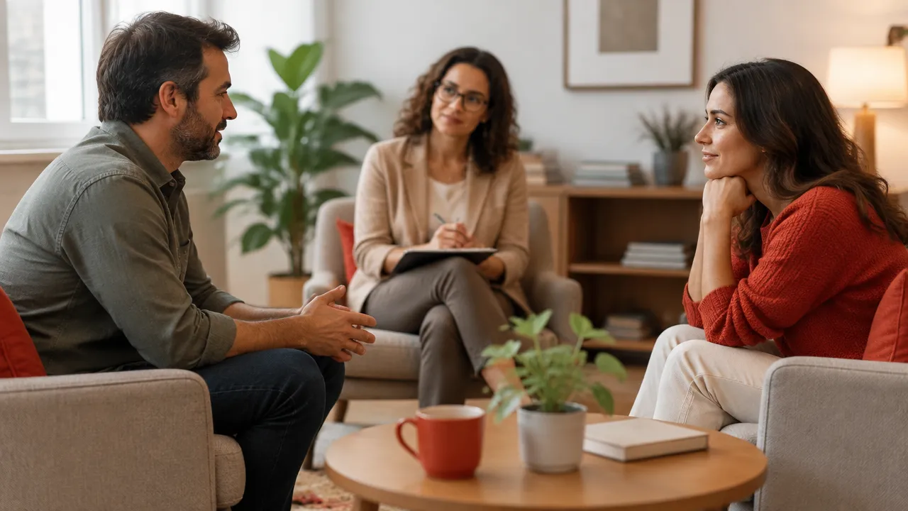 Casal e terapeuta em conversa estruturada durante uma sessão de atendimento