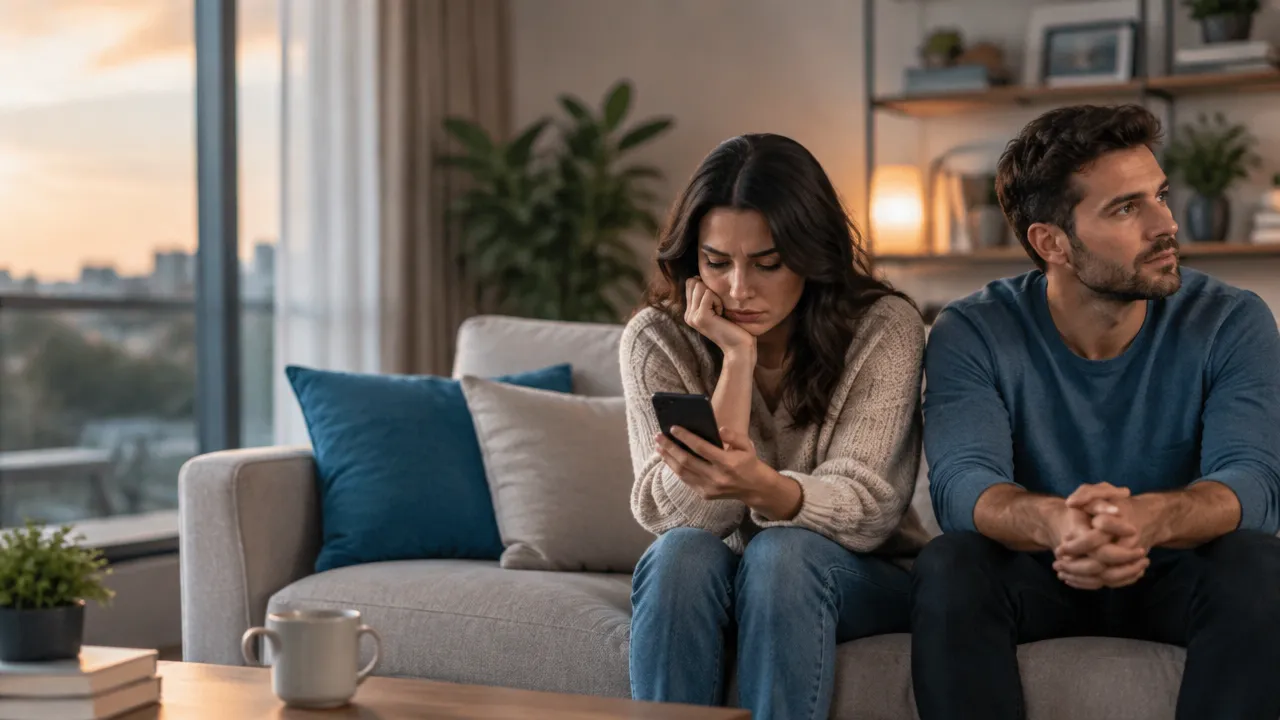 Casal em silêncio, uma pessoa observa o celular com preocupação enquanto a outra olha para a janela