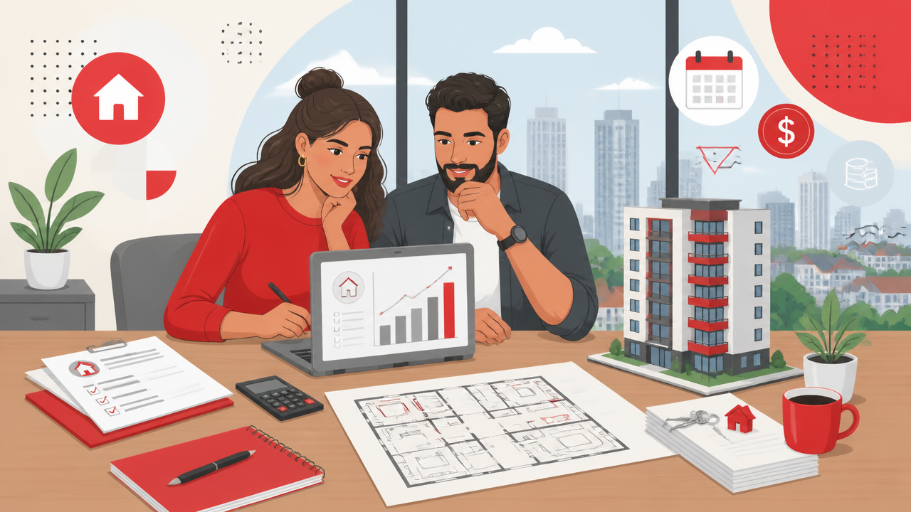 Casal planejando a compra de um apartamento com documentos e simulação de parcelas na mesa.