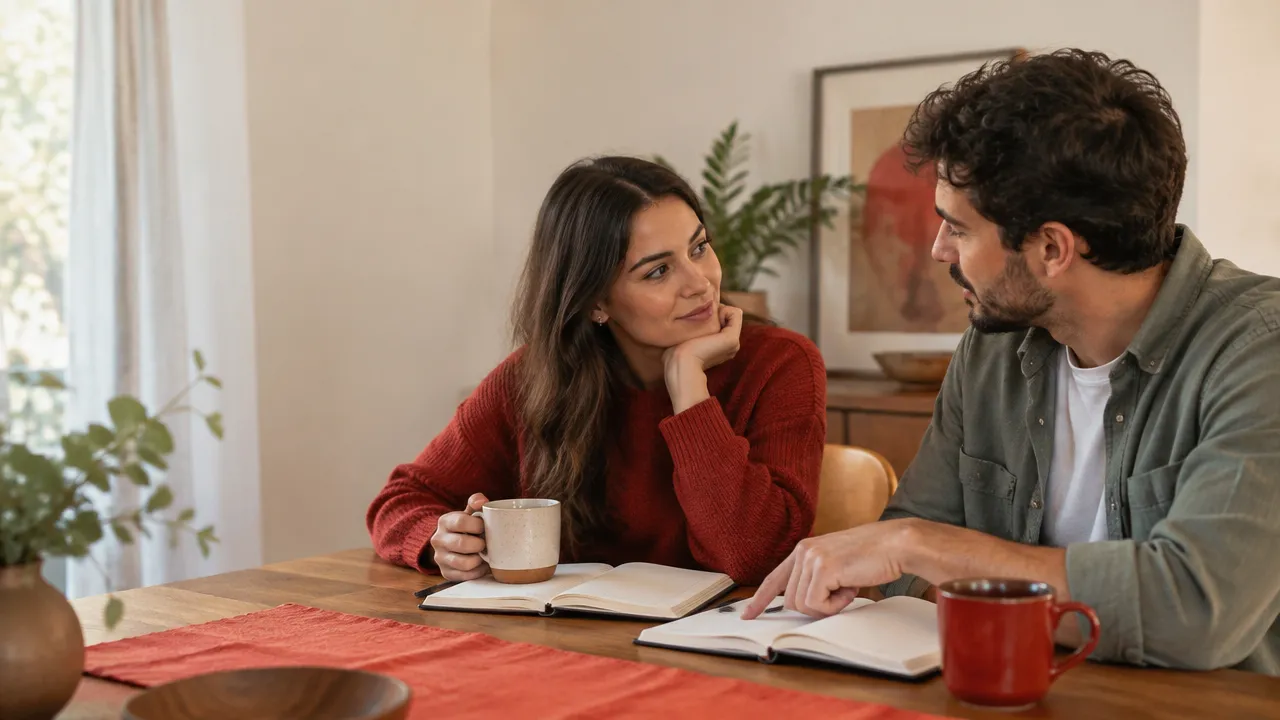 Casal recente conversa com calma e anota acordos sobre padrões familiares