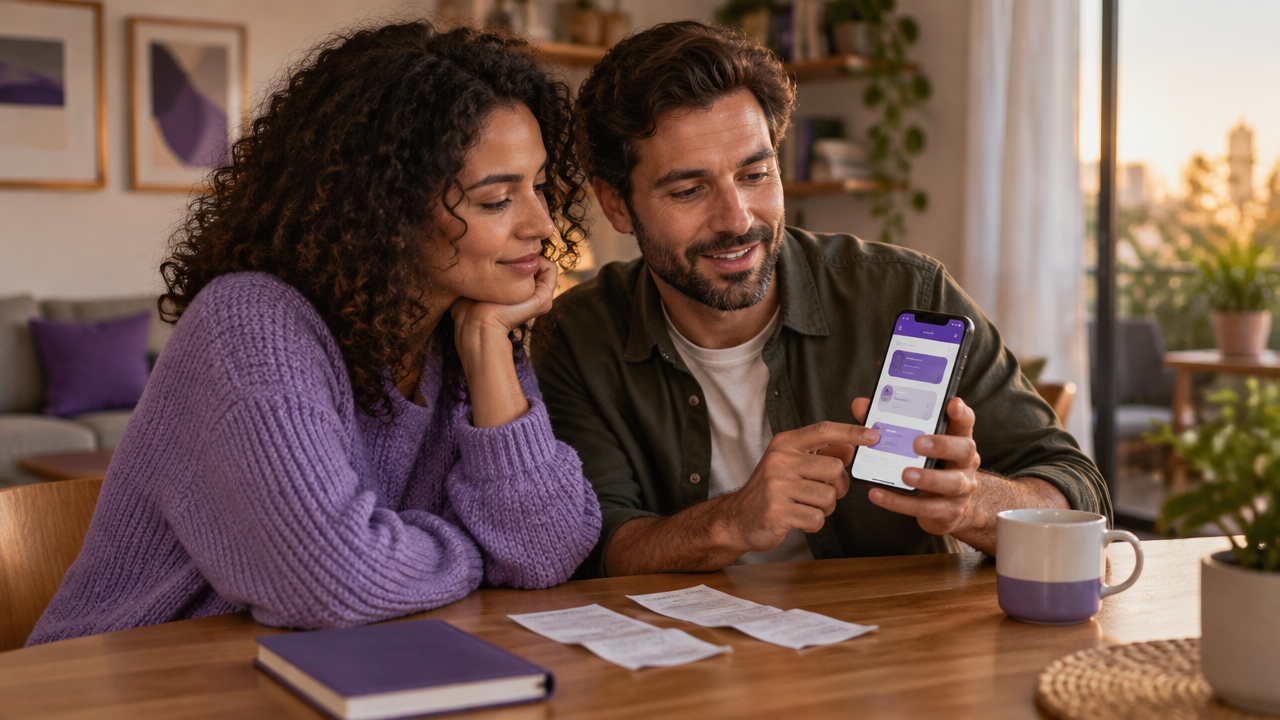 Casal revisa despesas e conversa sobre o orçamento familiar usando um celular