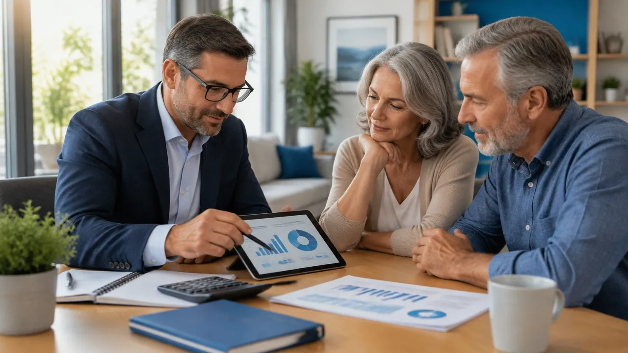 Casal revisando com um consultor o planejamento de renda e investimentos