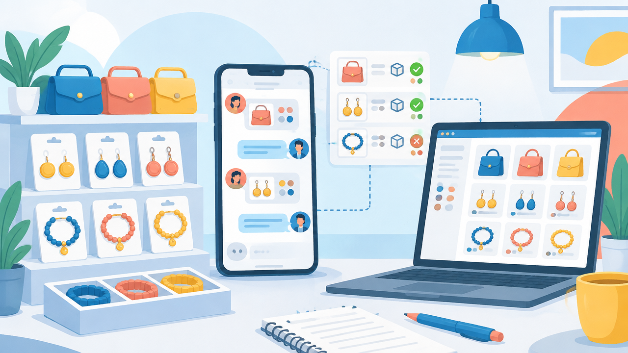 Catálogo online de acessórios organizando cores, tamanhos e disponibilidade de produtos
