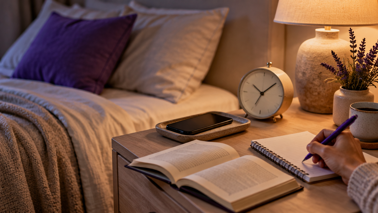 Celular afastado ao lado de um livro e caderno numa rotina tranquila antes de dormir