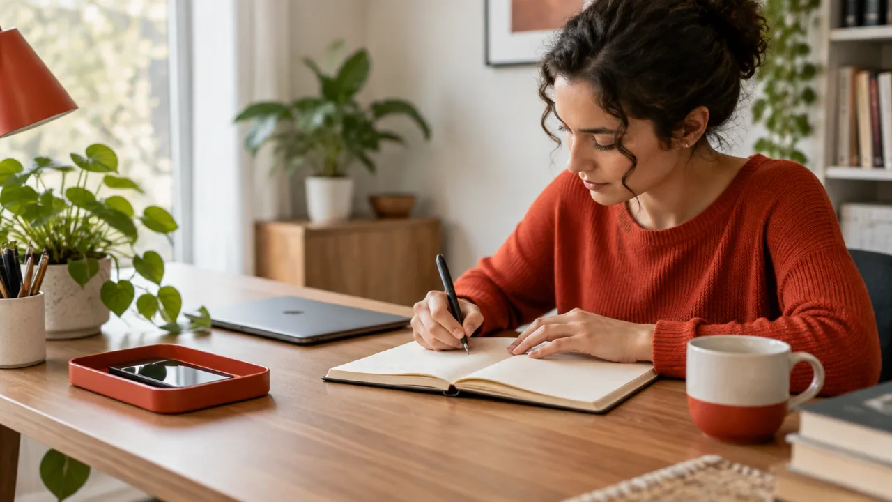 Celular afastado da mesa enquanto uma pessoa adulta se concentra no planejamento do trabalho em um caderno.