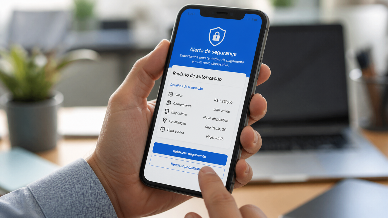 Celular com alerta de segurança sobre autorização de pagamento recorrente sendo analisado pelo usuário