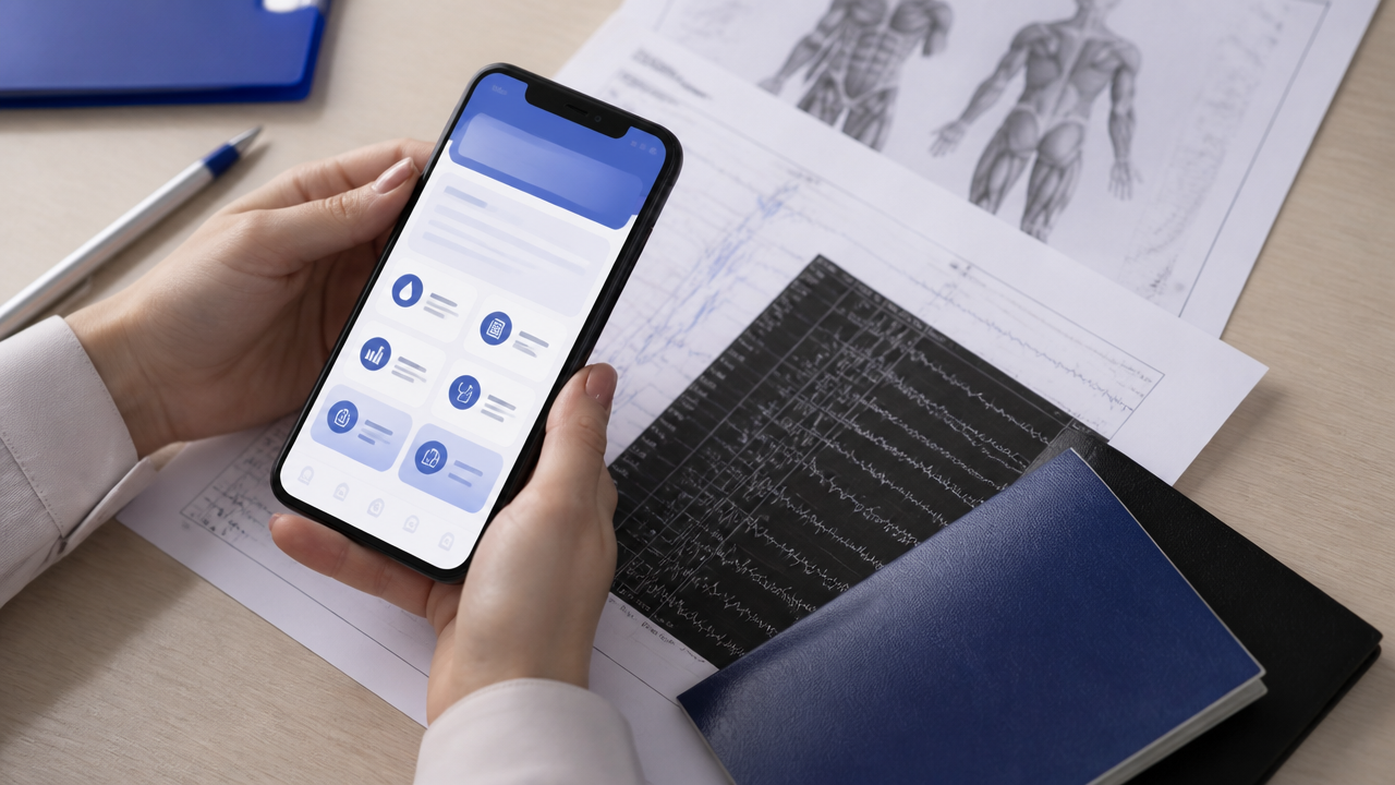 Celular com aplicativo de serviços públicos ao lado de laudos médicos e documentos para pedir benefício por incapacidade