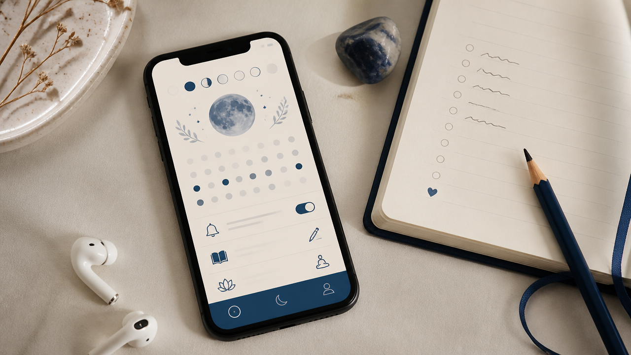 Celular com app de rotina espiritual ao lado de caderno e cristal sobre a mesa