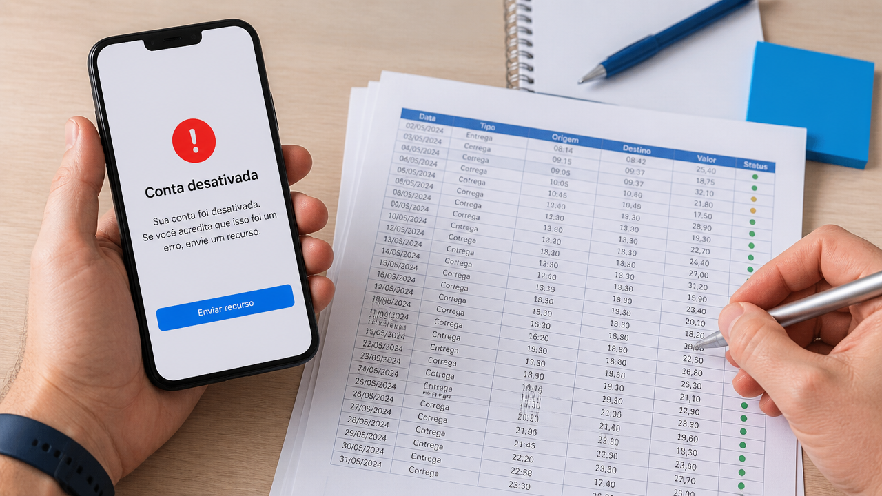 Celular com aviso genérico de conta desativada ao lado de comprovantes de trabalho