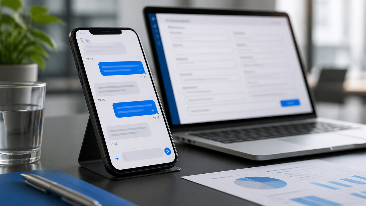 Celular com conversa de atendimento ao lado de notebook com formulário online em ambiente profissional
