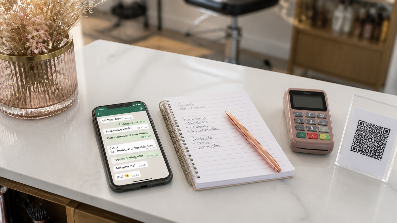 Celular com conversa organizada de cobrança no WhatsApp sobre uma mesa de recepção com meios de pagamento