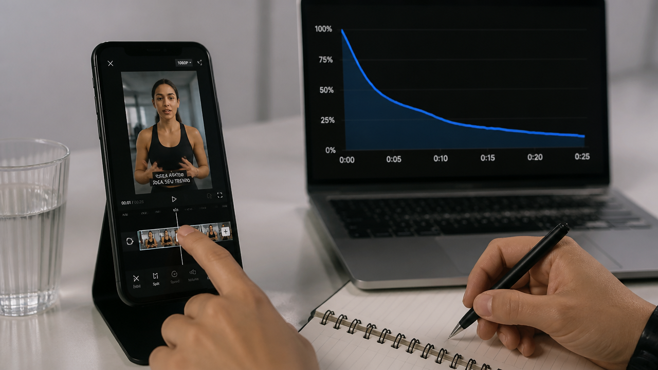 Mobile phone with short video editing and retention graph next to a notebook.